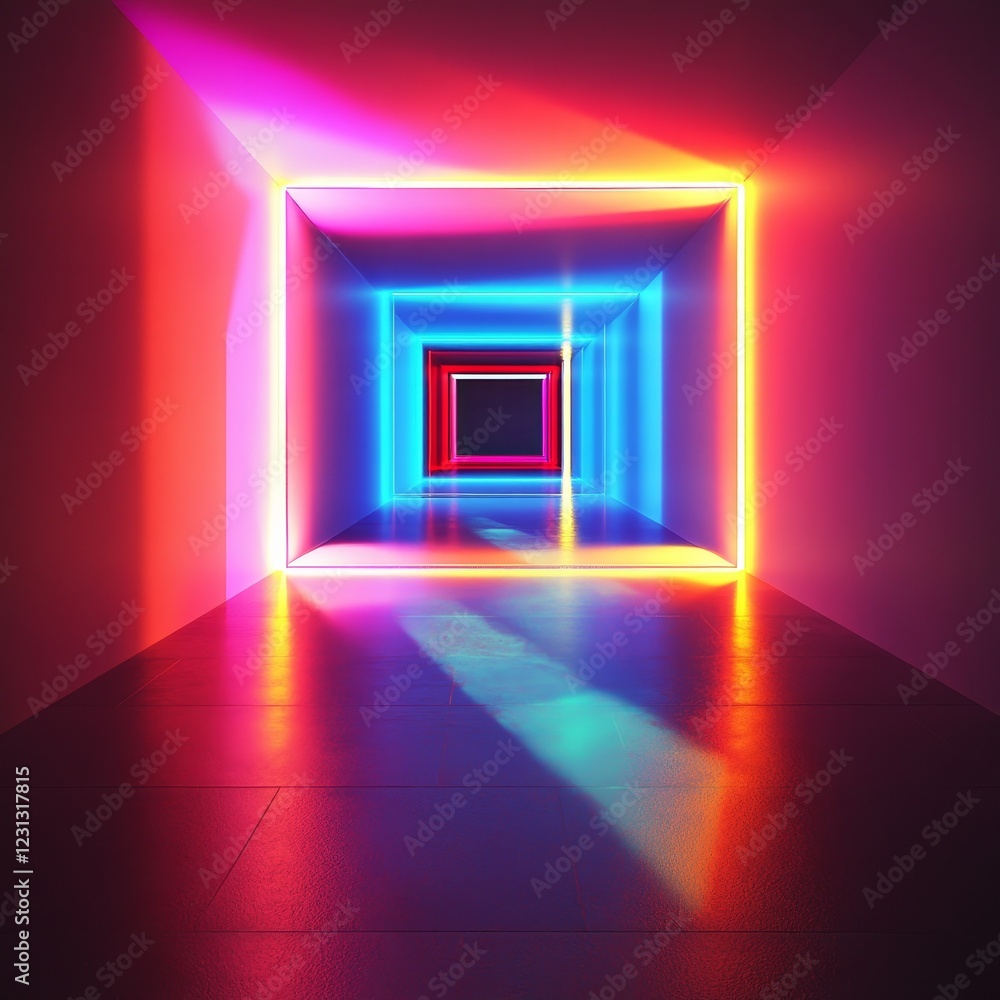 Poster illuminated corridor: a colorful exploration of modern architecture and light dynamics