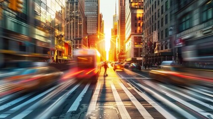 Naklejka premium Dynamic city scene at sunset, with blurred cars and buildings.