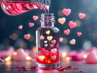 A glass bottle pours liquid turning into glowing hearts floating up, with a pink, red, and white mix. The hearts shine softly, leaving a heart-shaped trail in a dreamy, bokeh-lit scene.