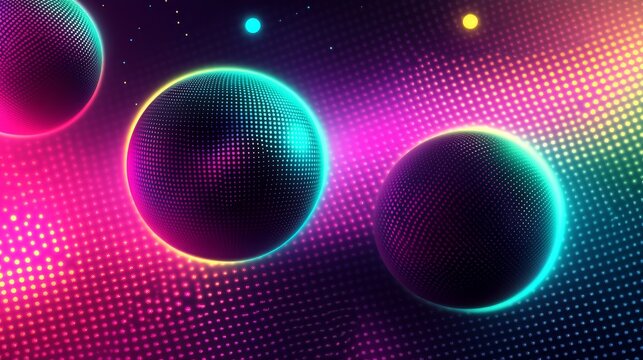 colorful neon galaxy, floating light spheres, digital dot matrix, rainbow gradient background, glowing particles, luminous abstract design, shimmering lights, cosmic atmosphere, vibrant color spectrum