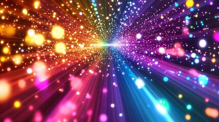 Fototapeta premium abstract neon landscape, floating light bubbles, digital matrix pattern, rainbow gradient spectrum, glowing particle effects, cosmic light rays, magical atmosphere, vibrant color transition,