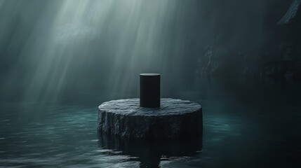 Minimalist setup with a circular rough stone pedestal, partially immersed in dark water, a smooth black cylinder at the center, atmospheric lighting creating depth