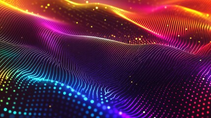 Obraz premium glowing rainbow nebula, floating neon orbs, digital halftone pattern, luminous particle effects, vibrant color flow, magical light spots, ethereal atmosphere, abstract space design, shimmering