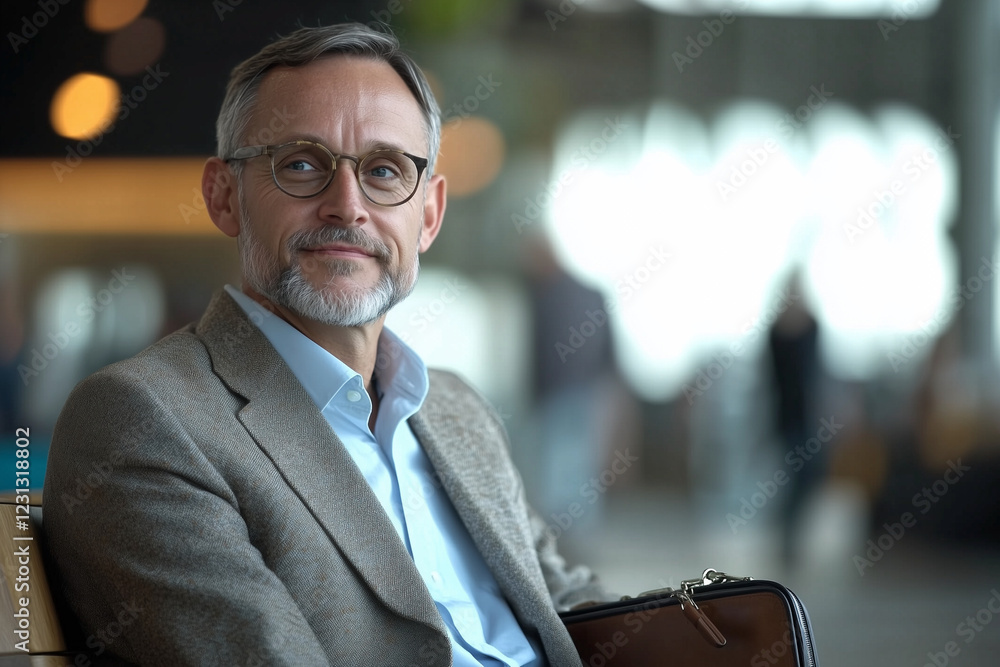 Poster man in a suit and glasses is sitting on a bench with a briefcase in front of him