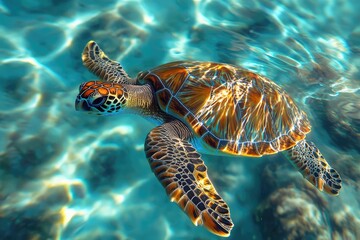 Obraz premium Turtle shell patterns submerged in a crystal-clear ocean, where the intricate designs blend with the colorful coral reefs, creating an underwater mosaic