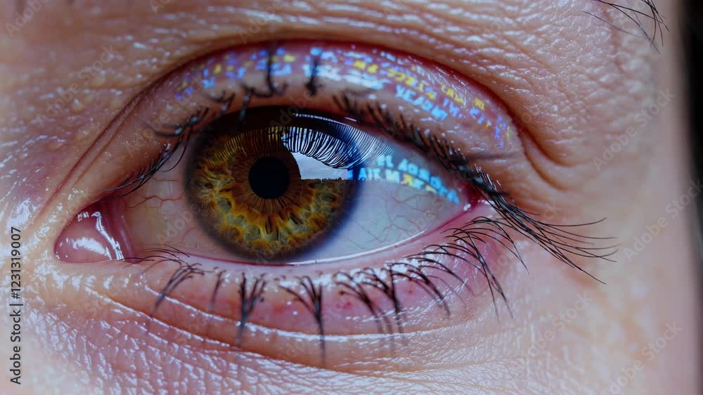 Poster An eye in sharp focus, layered with a shifting pattern of blue and yellow text that appears to move across the pupil.
