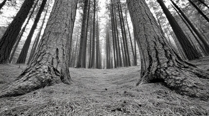 Naklejka premium serene forest path surrounded by tall trees, creating tranquil atmosphere