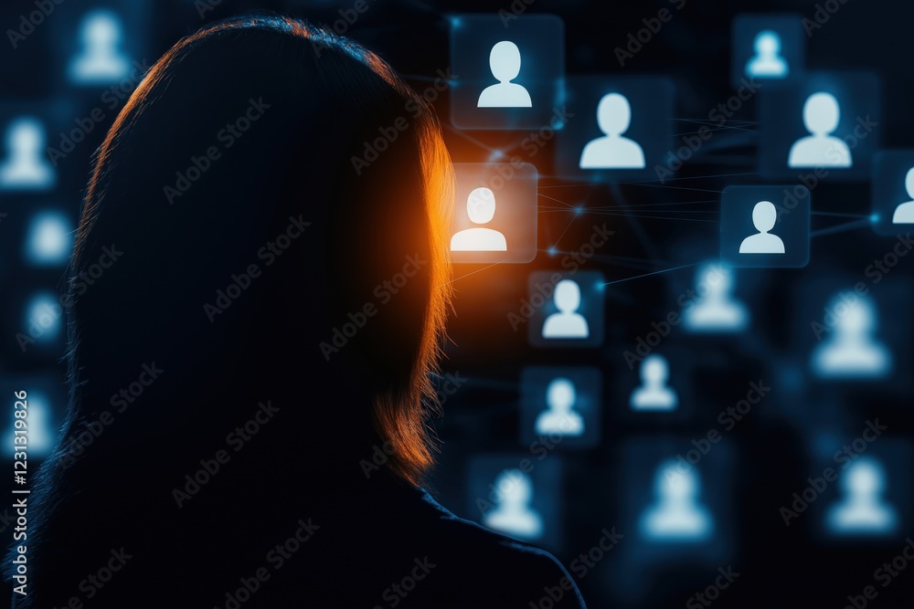 Poster a silhouette of a person gazes at a network of digital user profiles, symbolizing connectivity and s