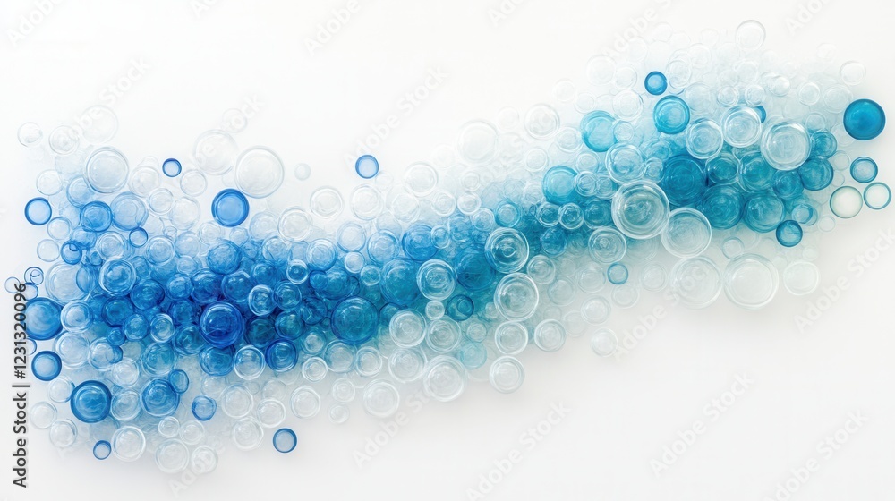 Poster translucent blue and white gradient bubbles, vibrant circular shapes floating in a soft gradient, id