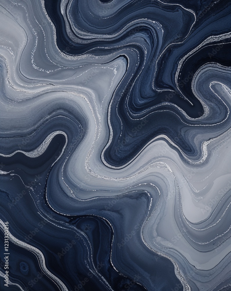 Poster a cool gray shifting into deep navy with subtle hints of silver marble swirl gradient background
