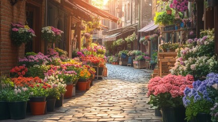 Fototapeta premium quaint shopping street, colorful flower displays, brick storefronts, wooden garden stands, sunlit cobblestones, urban garden path, morning light rays, peaceful city scenery, natural ambiance