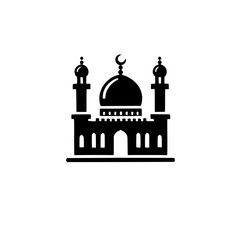 Mosque Icon: A simple yet elegant black silhouette of a mosque, featuring a central dome, minarets, and arched entryway. Perfect for religious or cultural designs.