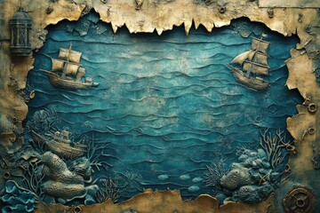 Underwater treasure map with sunken ships and marine life illustrations