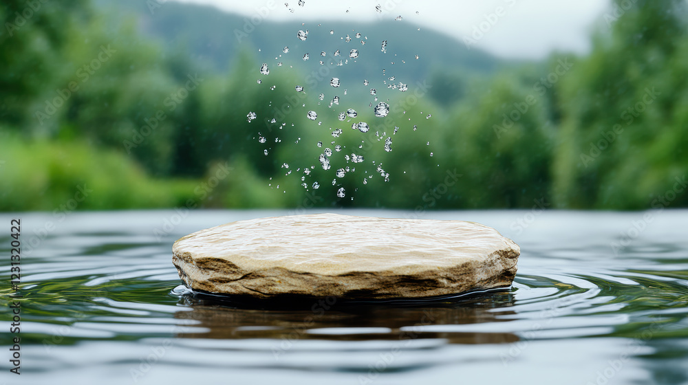 Wall mural serene stone resting on water, with droplets creating ripples around it