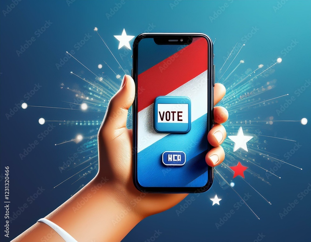 Poster mobile phone with voting network. modern electronic voting system for election. 3d hand holding smar