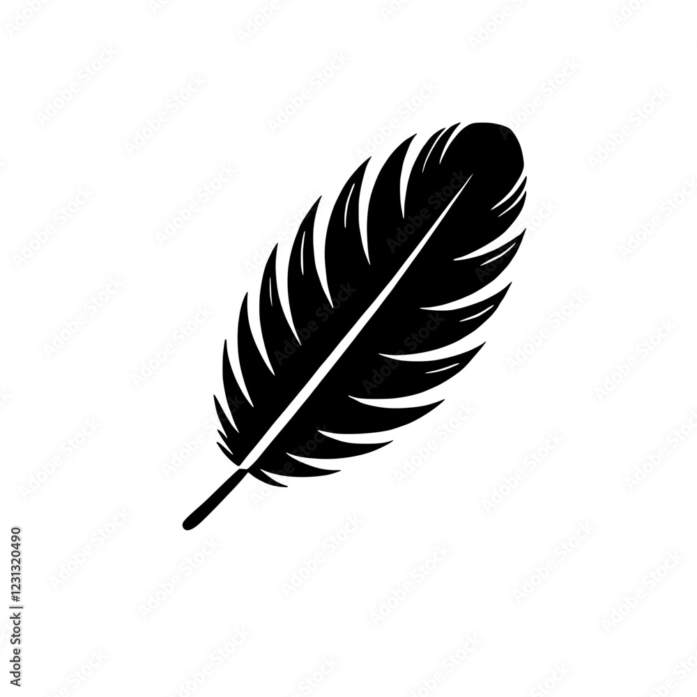 Poster single black feather: a minimalist graphic featuring a single black feather, isolated against a tran