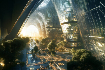 A Radiant Metropolis Encased in a Giant Transparent Crystal, Where Streets Flow with Liquid Light and Flying Cars Paint the Air with Prismatic Rainbows