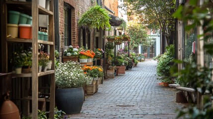 blooming urban pathway, flower shop displays, rustic wooden shelves, historic brick walls, garden district charm, soft sunlight filtering, cobblestone street, peaceful city walk, natural garden scene