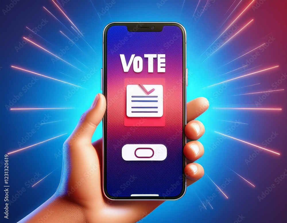 Poster mobile phone with voting network. modern electronic voting system for election. 3d hand holding smar