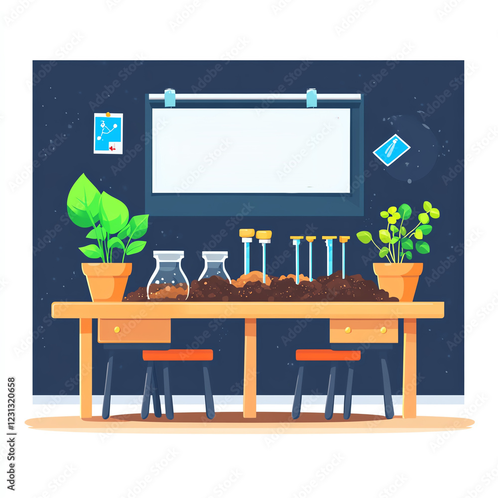 Poster classroom setup featuring table with soil science experiments, plants, and glass containers. environ