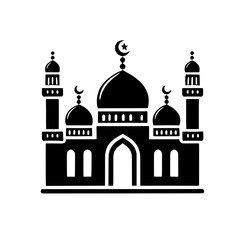 Mosque Icon: A simple yet elegant black silhouette of a mosque, featuring iconic architectural details like domes, minarets, and crescent moons. This image is perfect for representing Islamic culture.