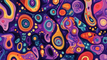 Obraz premium cheerful abstract pattern, bright doodle elements, organic shape composition, bold color scheme, purple base, playful design style, flowing geometric forms, modern illustration art, whimsical motifs