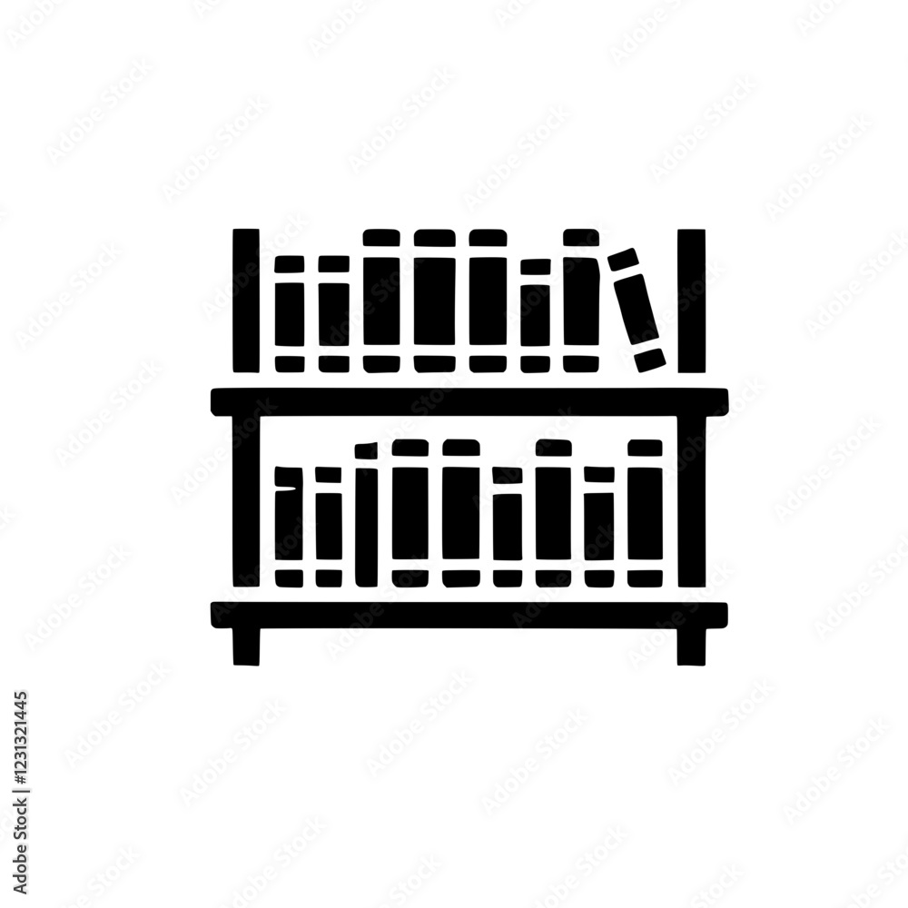 Poster bookshelf icon: a simple and minimalist black icon of a bookshelf filled with books, representing kn