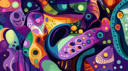 Obraz premium funky abstract shapes, colorful doodle composition, purple background pattern, playful organic elements, bright artistic style, modern geometric design, whimsical illustration art, flowing forms,