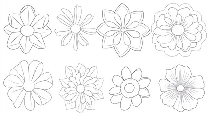 Eight simple flower line drawings; craft, design
