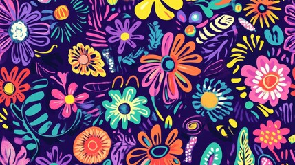 whimsical pattern design, bright abstract doodles, organic shape flow, vibrant color palette, purple backdrop, playful geometric elements, modern illustration style, fun artistic composition, bold