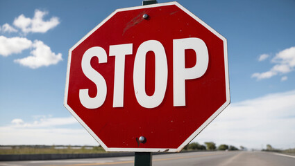 Obraz premium A bright red octagonal stop sign with bold white letters spelling 'STOP,' standing at an intersection. A blue sky and a few scattered clouds are visible in the background, along with a road.