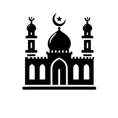Mosque Icon:  A simple yet powerful black and white silhouette of a mosque with minarets and a crescent moon, symbolizing faith, spirituality, and the architectural beauty of Islamic design.