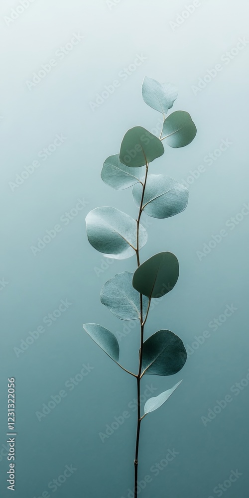 Poster a single eucalyptus branch displayed on a soft gradient background, perfect for minimalist and natur
