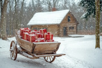 Vintage sleigh filled with wrapped gifts parked in front of a log cabin, surrounded by a snowy landscape under a soft winter sky