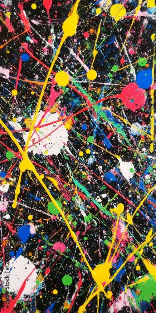 Poster colorful abstract paint splatter art featuring dynamic patterns and vibrant hues on a black canvas.