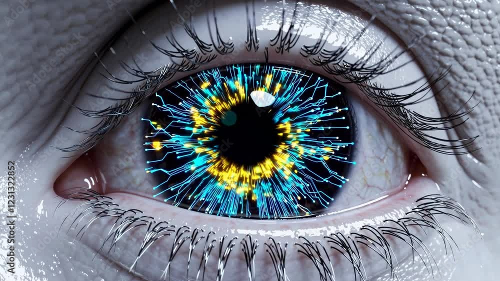 Fototapete Hyper-realistic eye featuring a distinct pattern of blue and yellow code woven into the iris for a cybernetic look.
