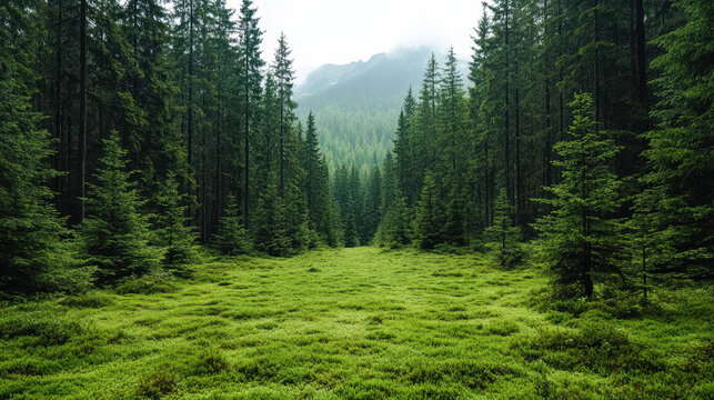 Lush green forest clearing with dense trees and misty mountains
