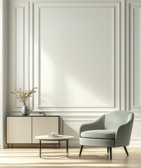 A modern, minimalist interior featuring a soft green chair, a light wood table, and elegant wall paneling, creating a serene atmosphere.