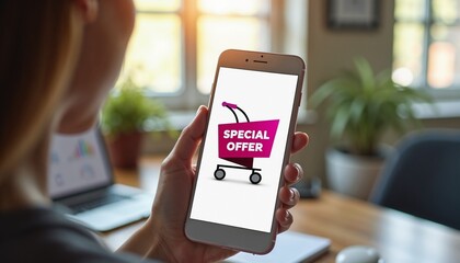 Dynamic e-commerce moment with smartphone screen displaying bold Special Offer banner on shopping app