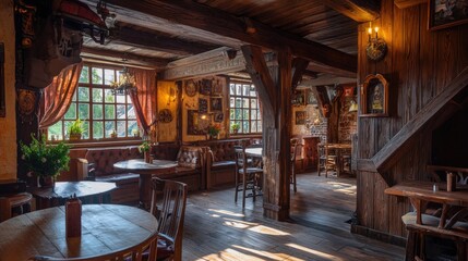 Medieval tavern interior inn and pub for traveling guests