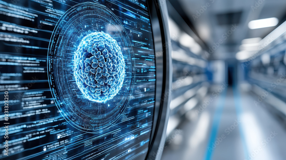 Poster futuristic medical scan visualizing cellular data in high tech environment