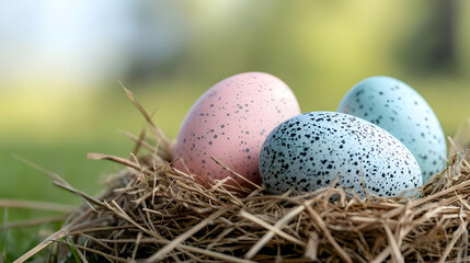 Obraz premium Pastel Easter eggs in nest, spring grass background, holiday card