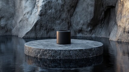 Fototapeta premium Rugged circular stone podium with an earthy texture, immersed partially in dark reflective water, a black cylinder placed precisely on top, atmospheric lighting emphasizing contours