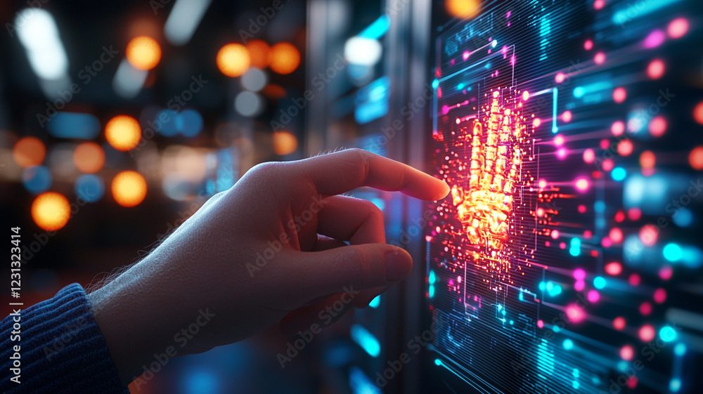 Poster futuristic biometric security interface a hand interacting with glowing fingerprint data protection 