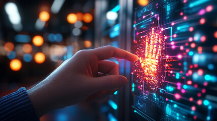 Futuristic Biometric Security Interface A Hand Interacting with Glowing Fingerprint Data Protection System