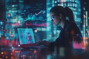 A determined businesswoman reviews data on her laptop amid charts and graphs in a modern office, embodying clarity and insight in her analysis.