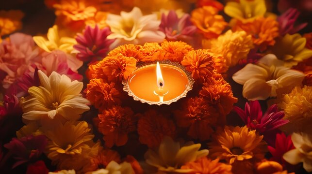 traditional diya composition, colorful marigold surround, festival floral design, warm candlelight center, ornate lamp detail, rich flower arrangement, sacred celebration scene, intimate lighting