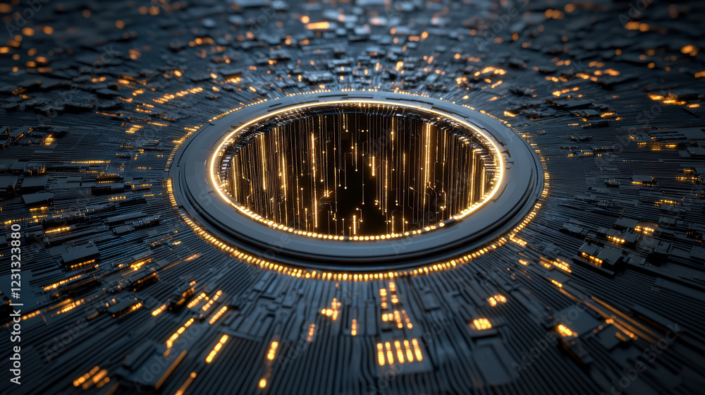 Poster futuristic quantum computer generating portal with glowing lights