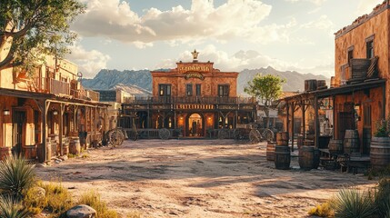Wild west saloon exterior with entrance swinging doors-gates one of the western part of the United State