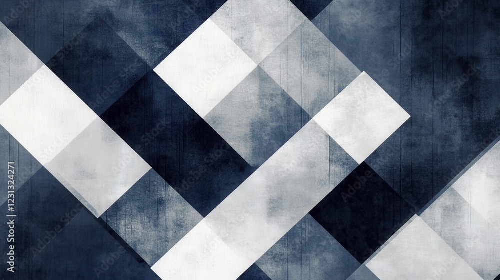 Poster navy and white geometric grid pattern, intricate design featuring sharp lines and shapes, ideal for 